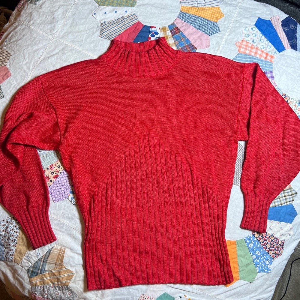 Fia Italia Red Handloomed Mock Neck‎ Ribbed Waist Sweater Womens Small Italy